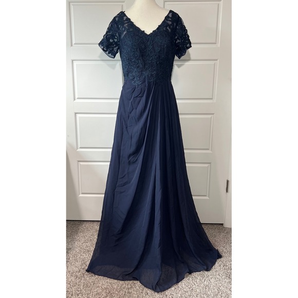 Navy Blue Lace Overlay Couture Evening Dress Formal Cottagecore Renaissance MD‎
